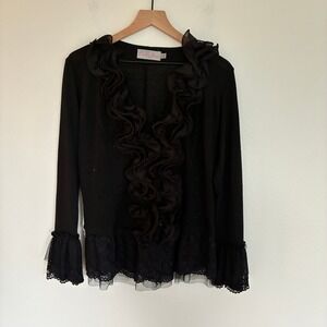 Pretty Angel Ruffle Cardigan Sweater Women L Black Lace Linen Blend Whimsygoth